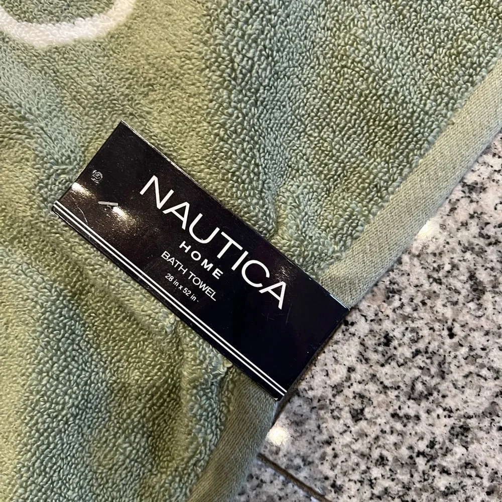 Nautica Olive Green & White Striped Towel Letters on the backside are inverted.
